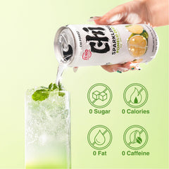 CHI FOREST Pomelo Sparkling Water bubbles in glass offer a refreshing caffeine-free option.