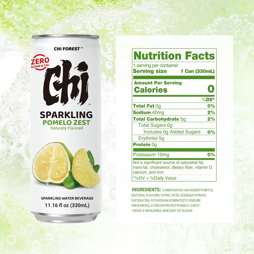 CHI FOREST Pomelo Sparkling Water can back highlights zero calories and seasonal flavor.