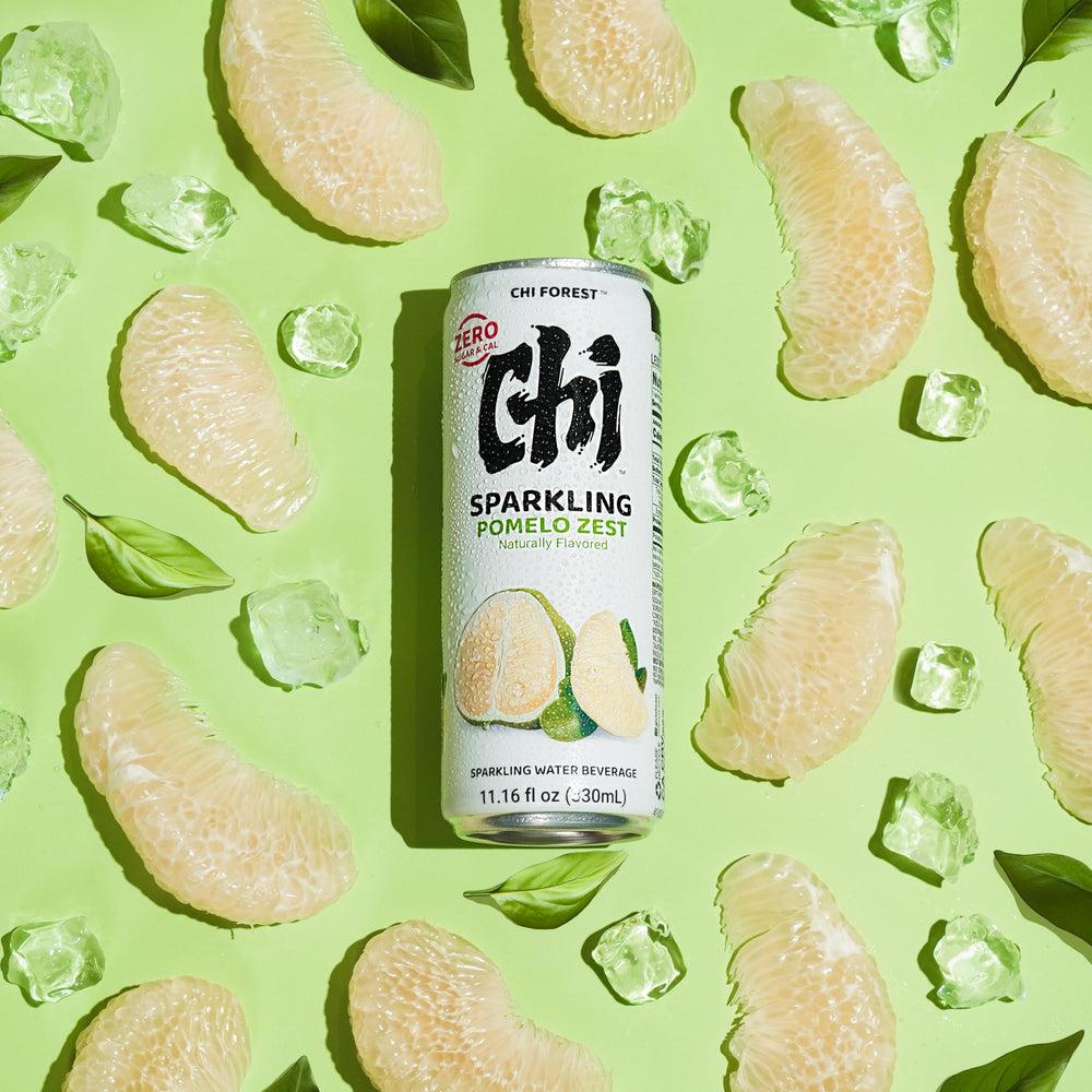 CHI FOREST Pomelo Sparkling Water can front shows zero sugar, crisp citrus refreshment.