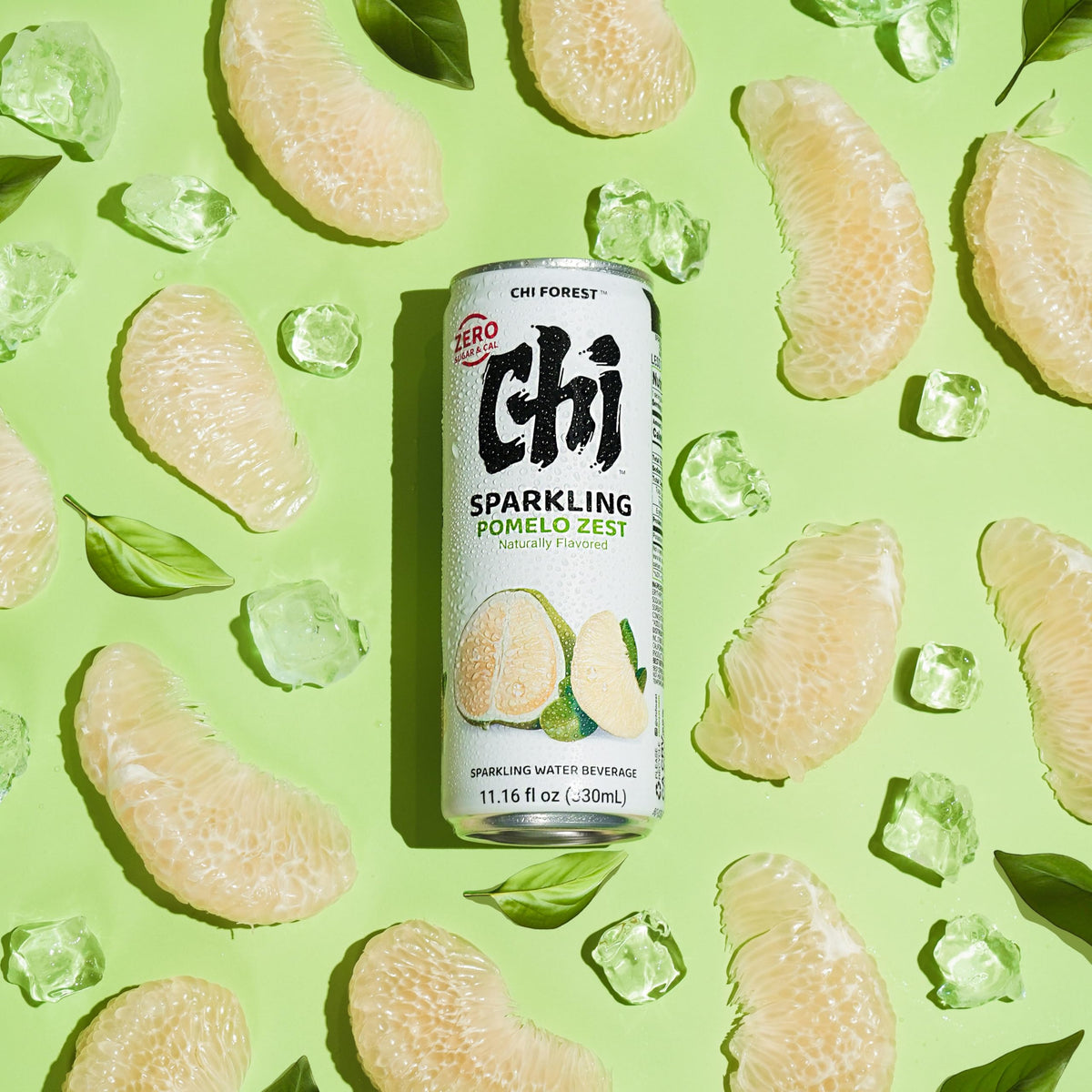 CHI FOREST Pomelo Sparkling Water can front shows zero sugar, crisp citrus refreshment.