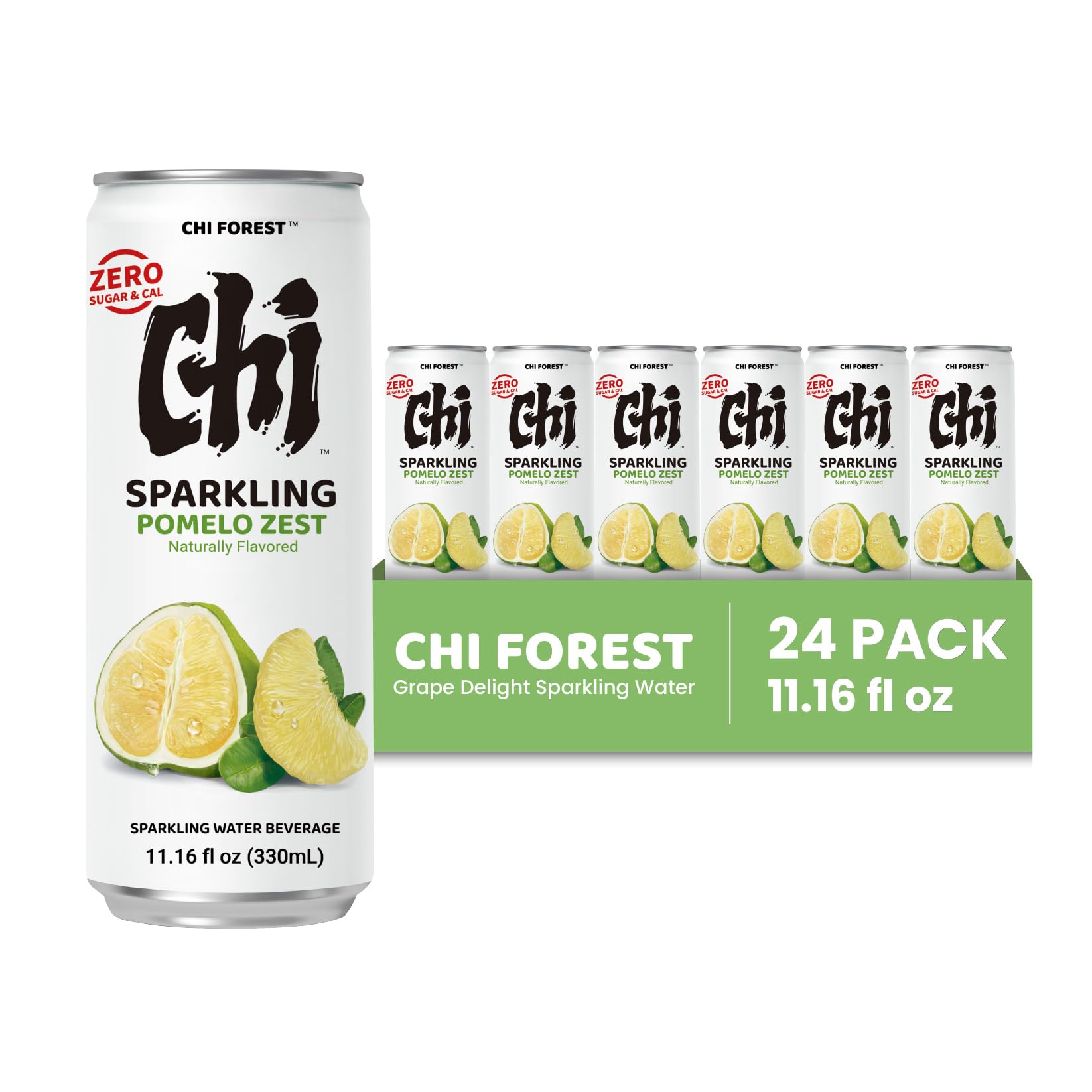 CHI FOREST Pomelo Sparkling Water label close-up conveys authentic fruit flavor.