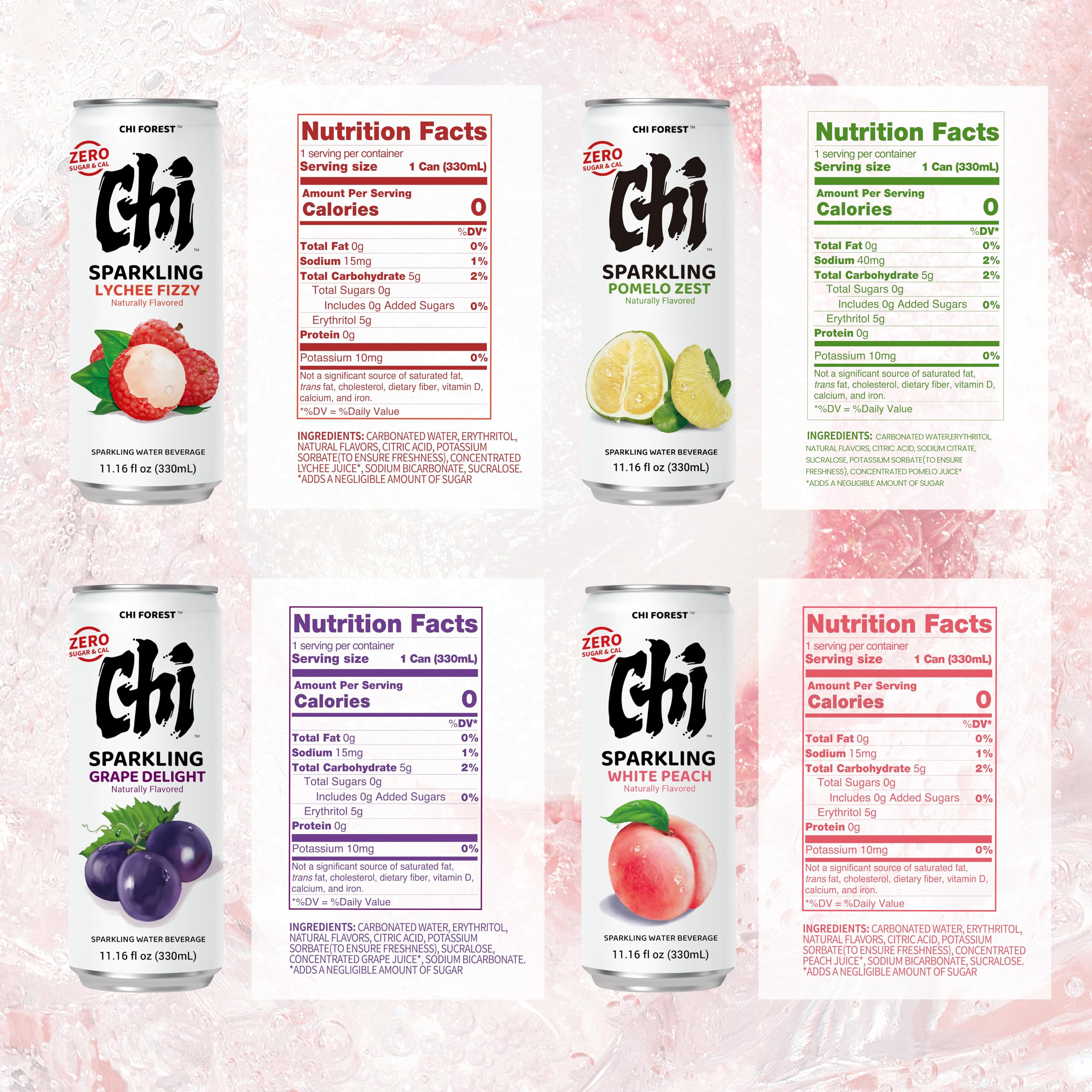 CHI FOREST sparkling water can close-up shows convenient 11.16 oz cans for quick office breaks.