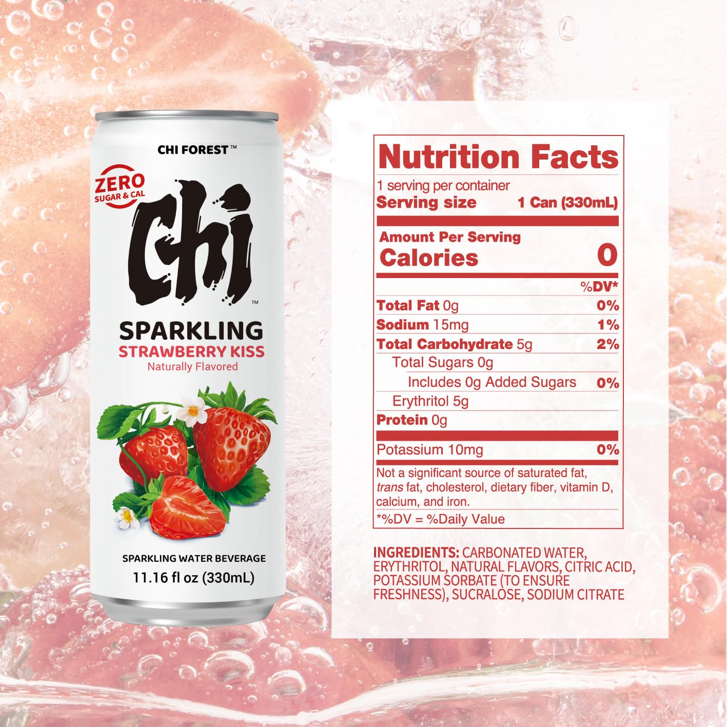 CHI FOREST Strawberry Sparkling Water can-back, zero calories and clean flavor.