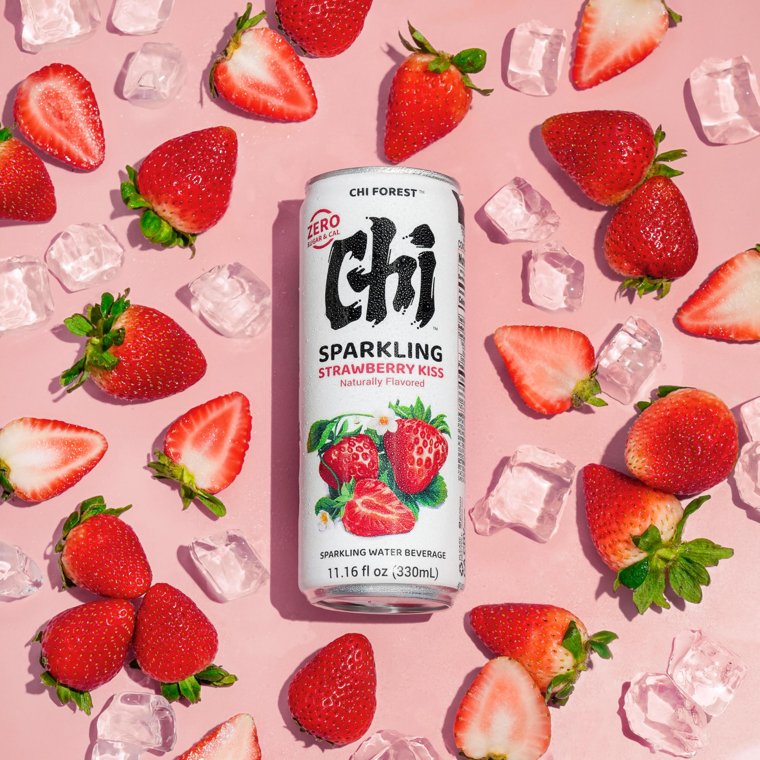 CHI FOREST Strawberry Sparkling Water can-front, zero sugar refreshment.