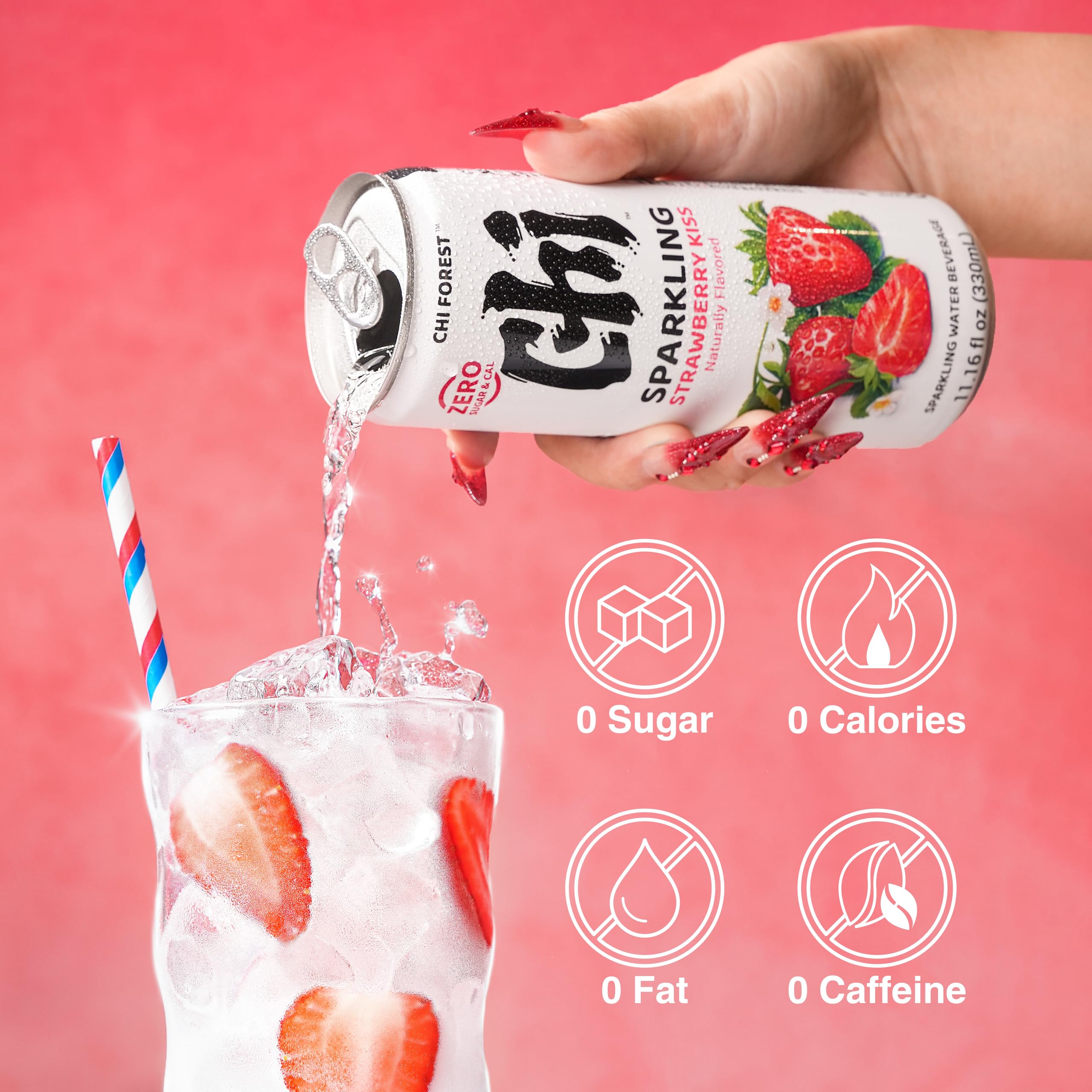CHI FOREST Strawberry Sparkling Water glass-poured, authentic strawberry aroma.