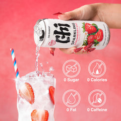 CHI FOREST Strawberry Sparkling Water glass-poured, authentic strawberry aroma.