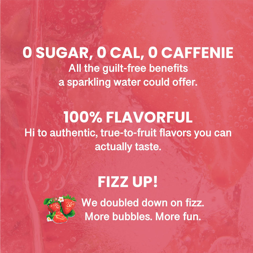 CHI FOREST Strawberry Sparkling Water label-closeup, natural strawberry flavor.