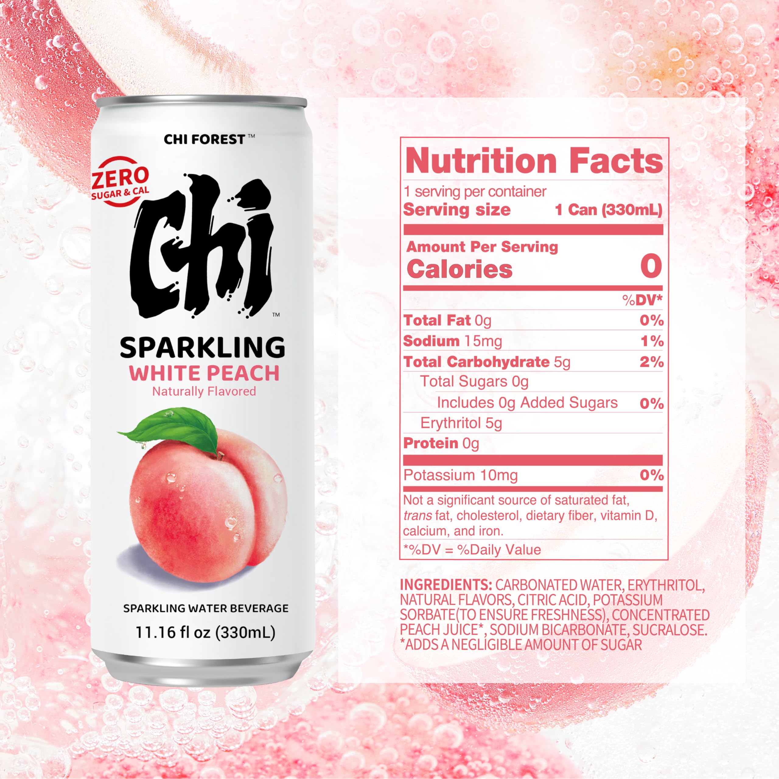 CHI FOREST White Peach Sparkling Water bubbles highlight bright fizz.
