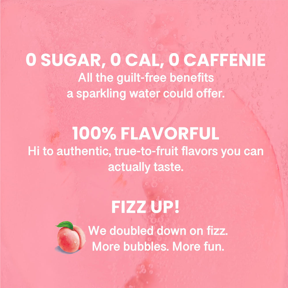 CHI FOREST White Peach Sparkling Water label emphasizes flavor and zero calories.