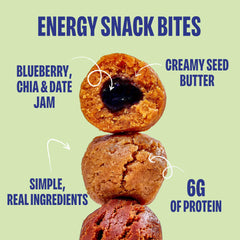 Chia Smash Blueberry Energy Bites close-up showing creamy cashew butter and protein