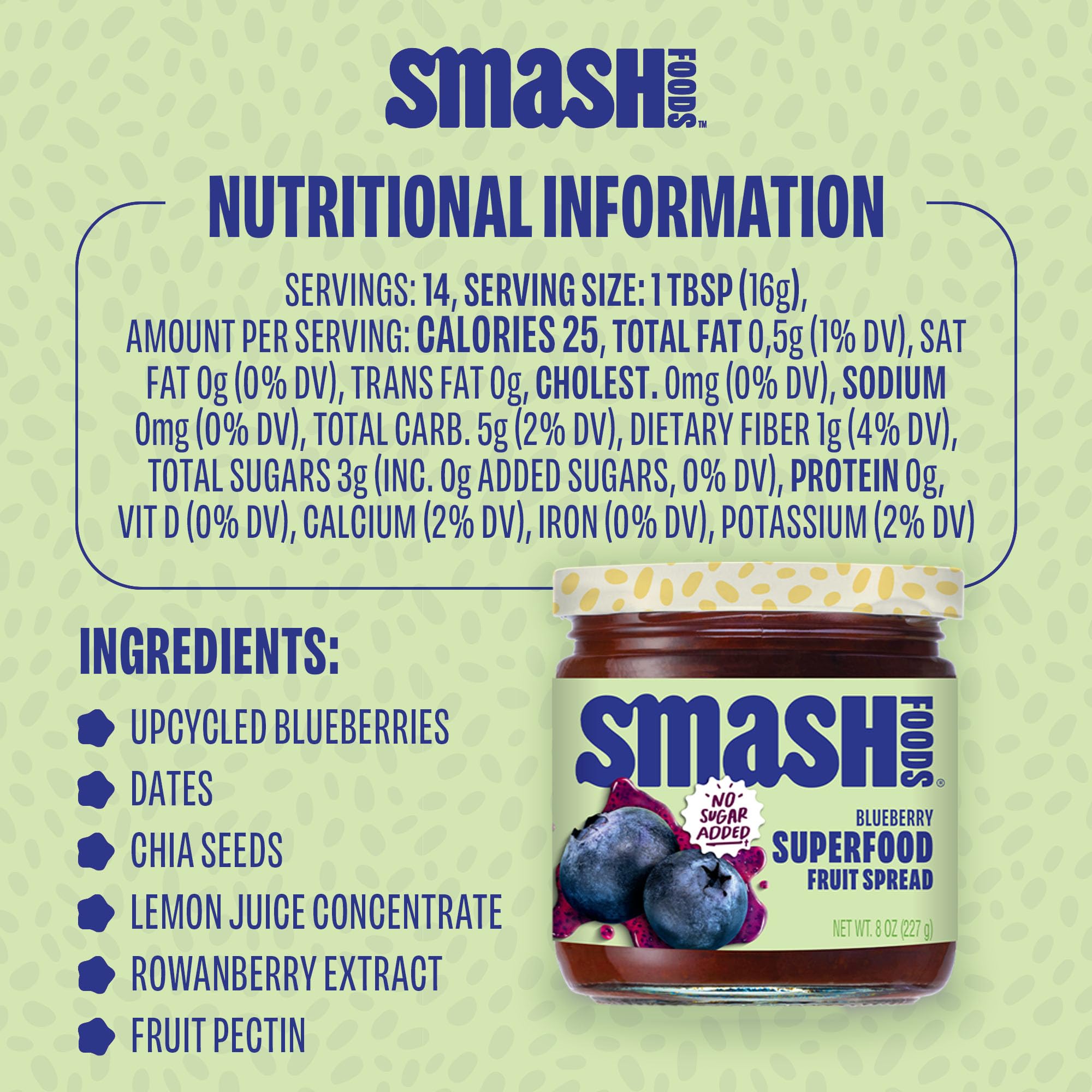 Chia Smash Blueberry Jam bottle with upcycled fruit label.