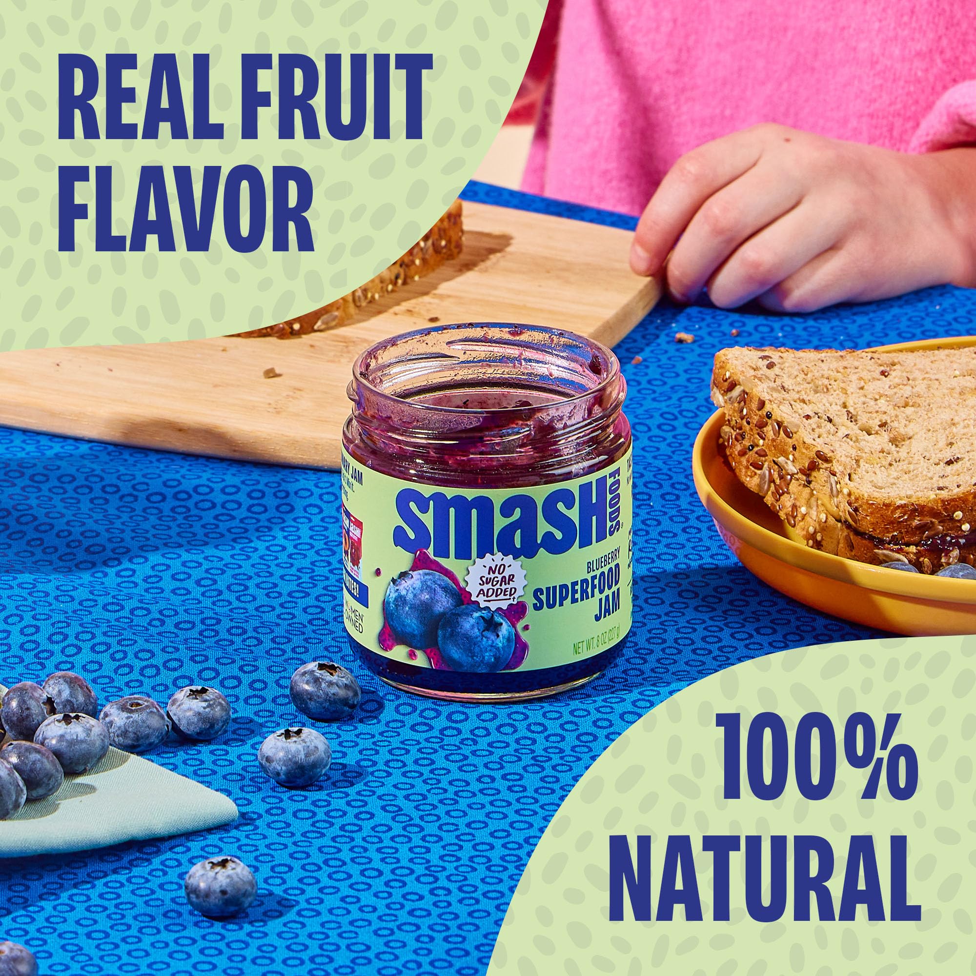 Chia Smash Blueberry Jam bottle close-up showing real fruit.