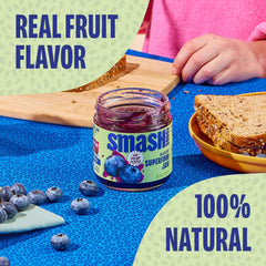 Chia Smash Blueberry Jam bottle close-up showing real fruit.