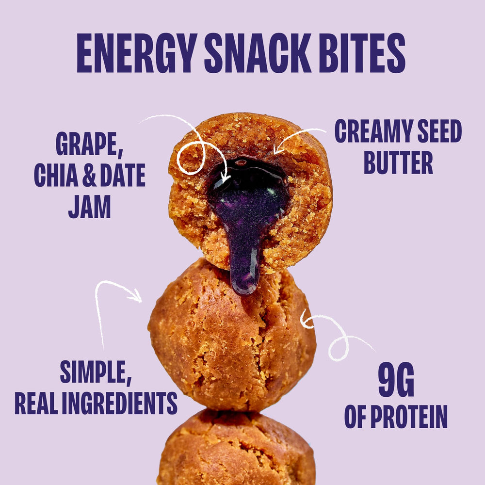 Chia Smash Grape Energy Bites close-up showing peanut butter center and jam