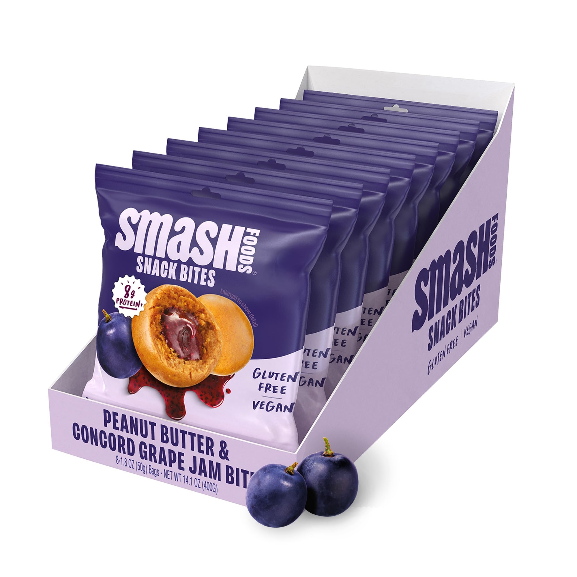 Chia Smash Grape Energy Bites pack, gluten-free vegan snack for busy days