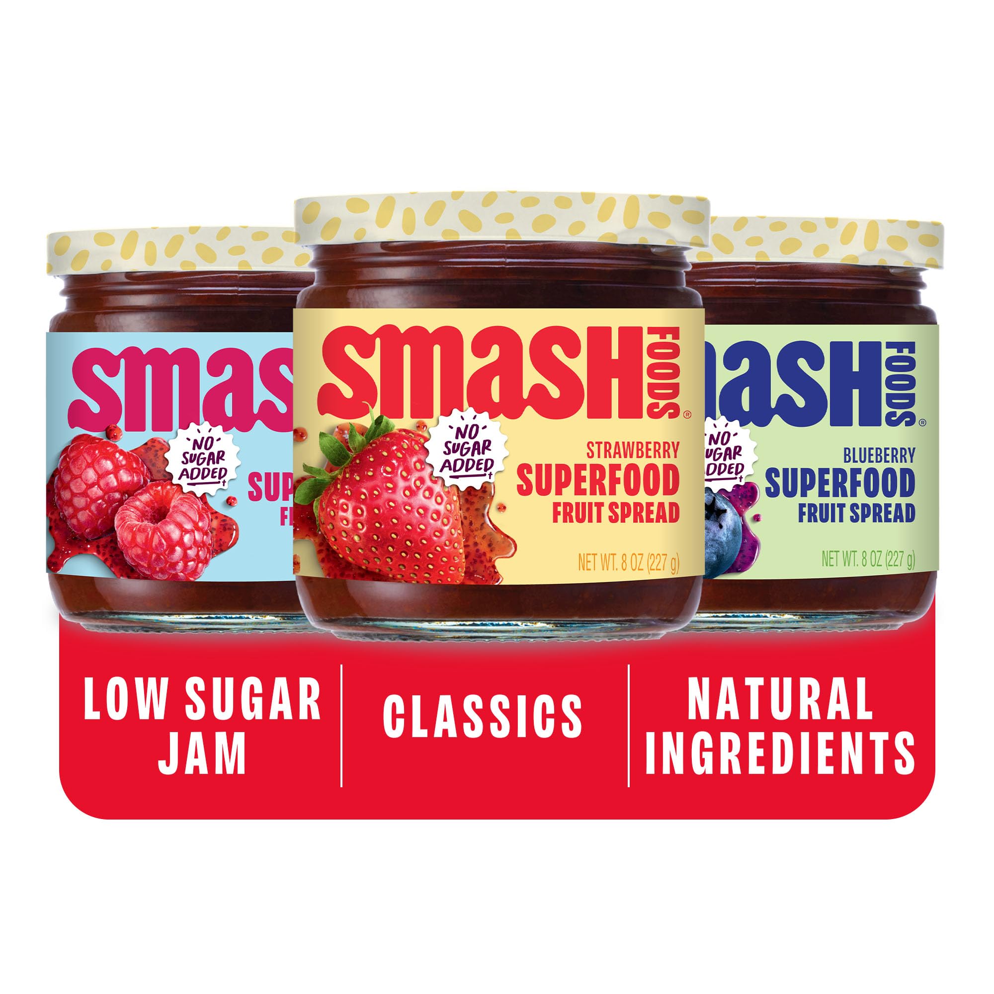 Chia Smash strawberry jam jar with no sugar added and real fruit sweetness