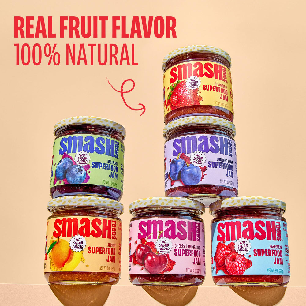Chia Smash jar close-up reveals real fruit and chia seeds.