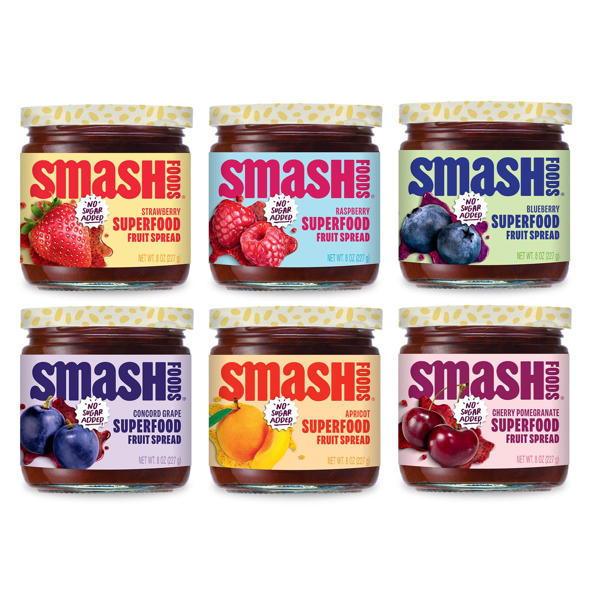 Chia Smash jam variety-pack display highlights six jars for versatile snacking.