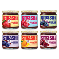 Chia Smash jam variety-pack display highlights six jars for versatile snacking.