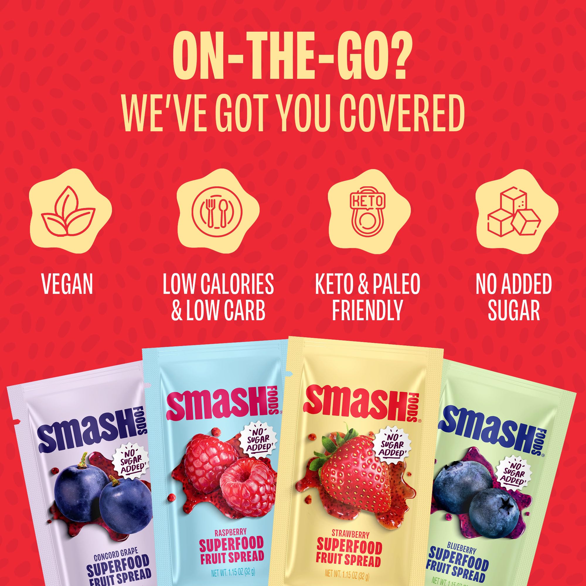 Chia Smash squeeze packets close-up highlighting convenient, mess-free portions