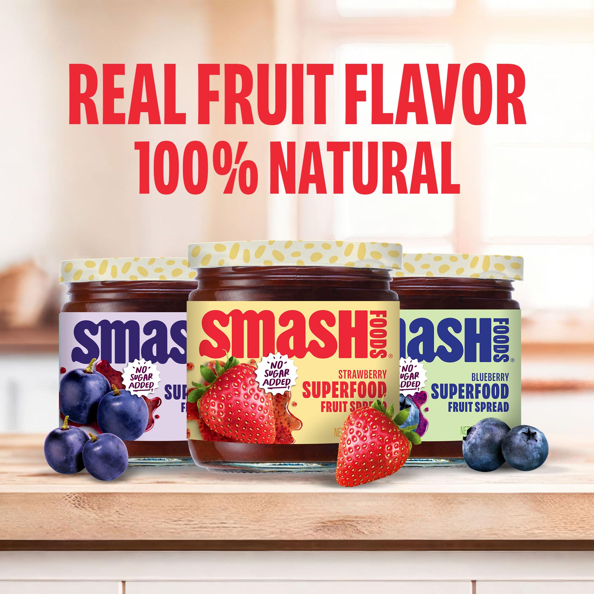 Chia Smash strawberry jam jar closeup highlighting real fruit flavor