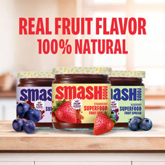 Chia Smash strawberry jam jar closeup highlighting real fruit flavor