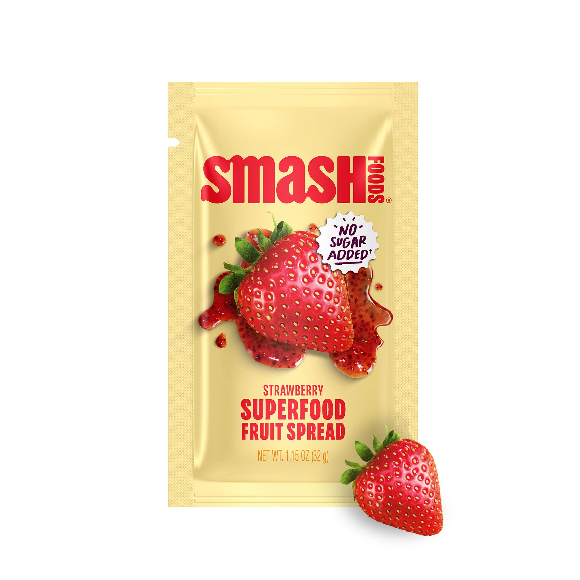 Chia Smash strawberry jam squeeze packet highlighting real fruit flavor and chia nutrition.