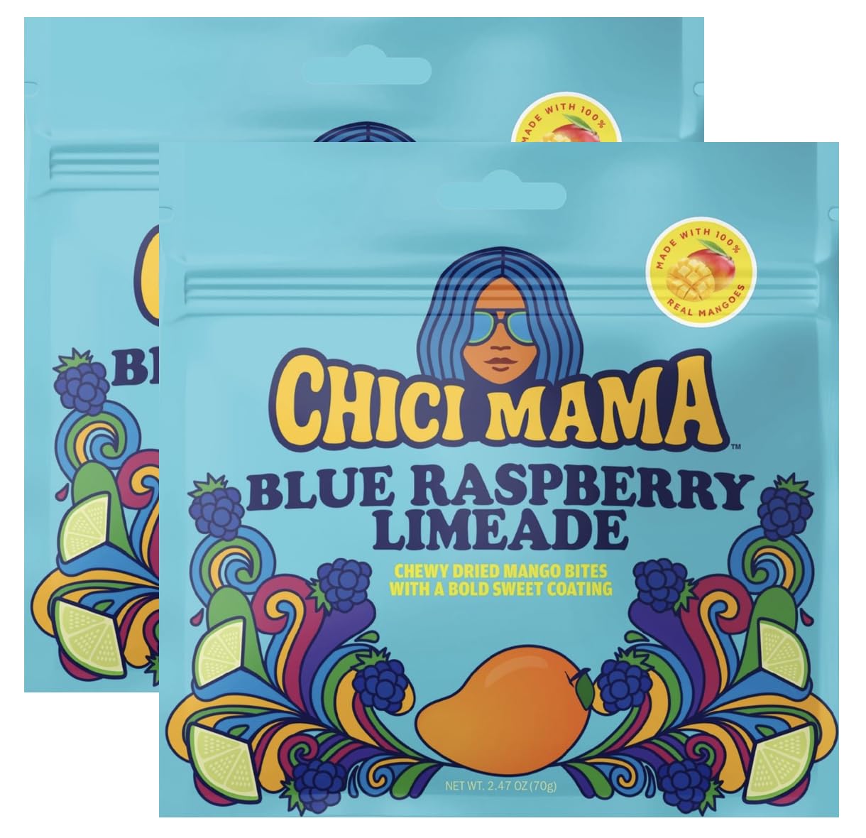 Chici Mama Blue Raspberry Limeade Mango Bites pack on display, bold color invites sharing.