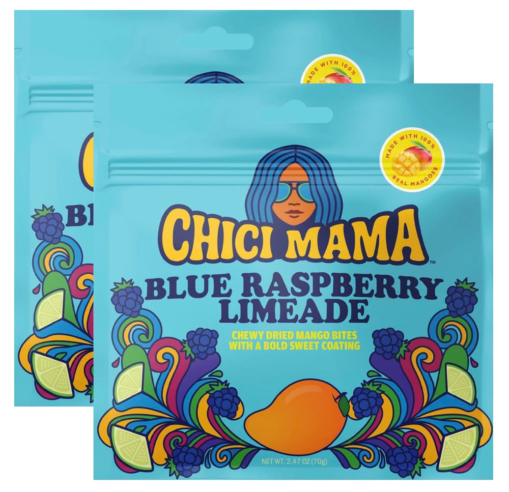Chici Mama Blue Raspberry Limeade Mango Bites pack on display, bold color invites sharing.