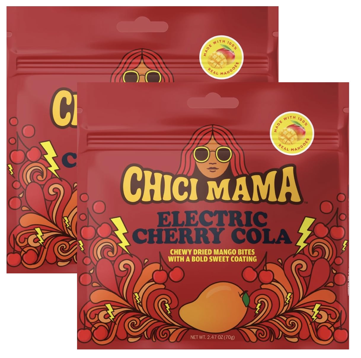 Chici Mama Electric Cherry Cola Mango Bites pack shot highlighting real fruit and bold flavors.