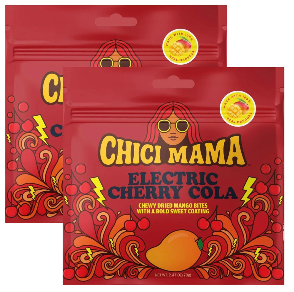 Chici Mama Electric Cherry Cola Mango Bites pack shot highlighting real fruit and bold flavors.