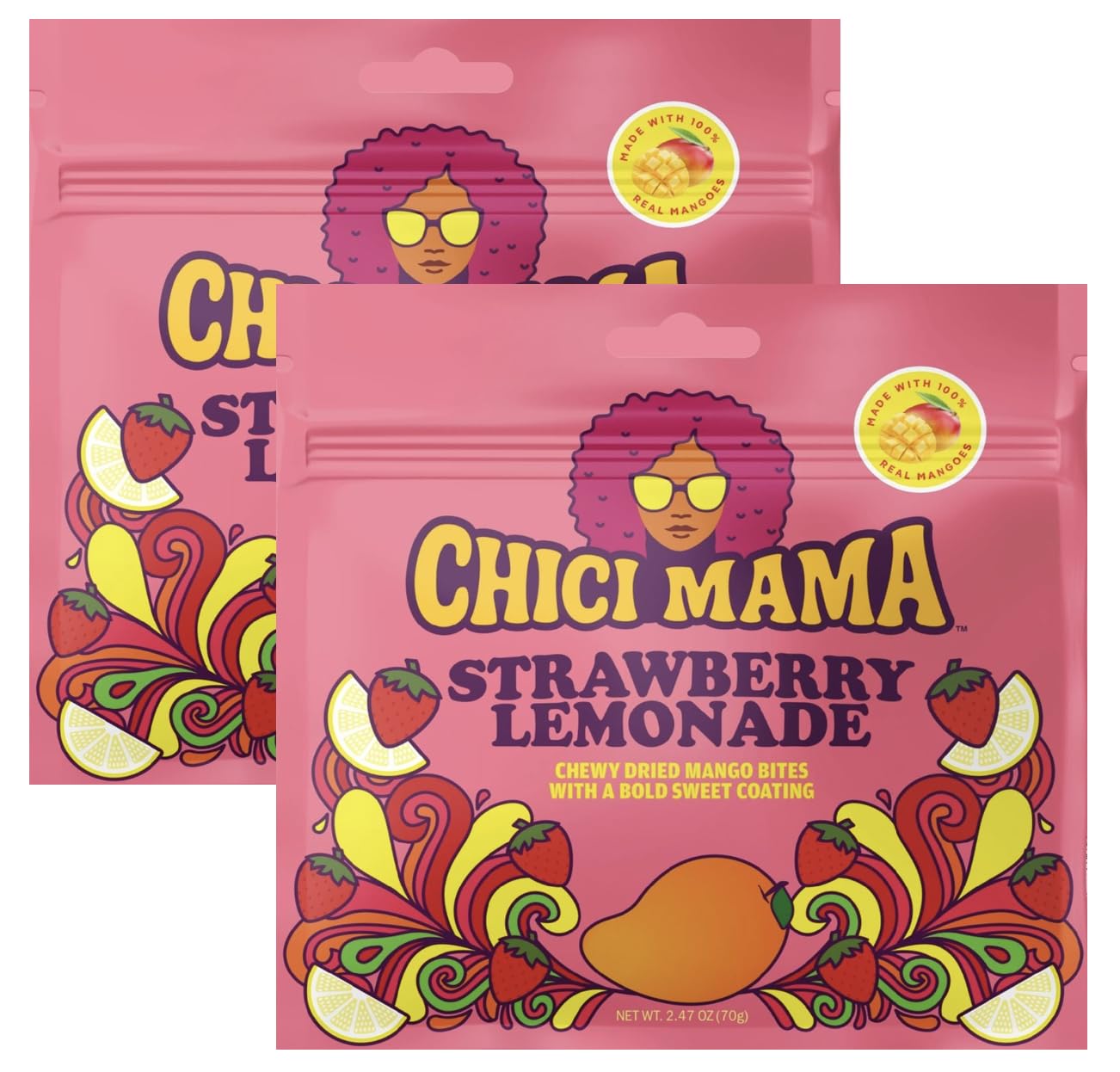 Chici Mama Strawberry Lemonade Mango Bites pack highlights fruity flavor and convenient two-pack.