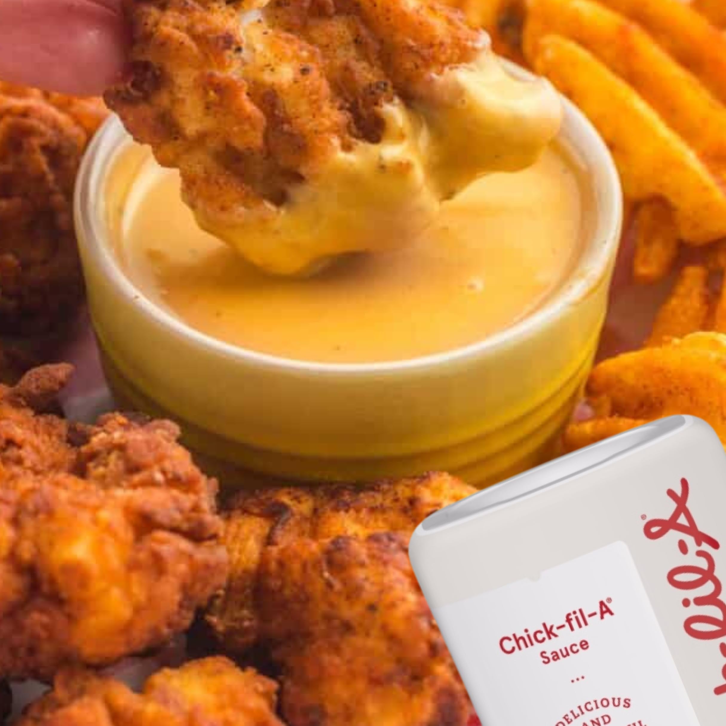 Dipping setup with Chick-fil-A Sauce for fries and wings.