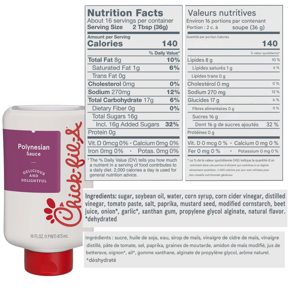 Chick-fil-A Polynesian Sauce bottle shown for sweet-tangy flavor pairing.