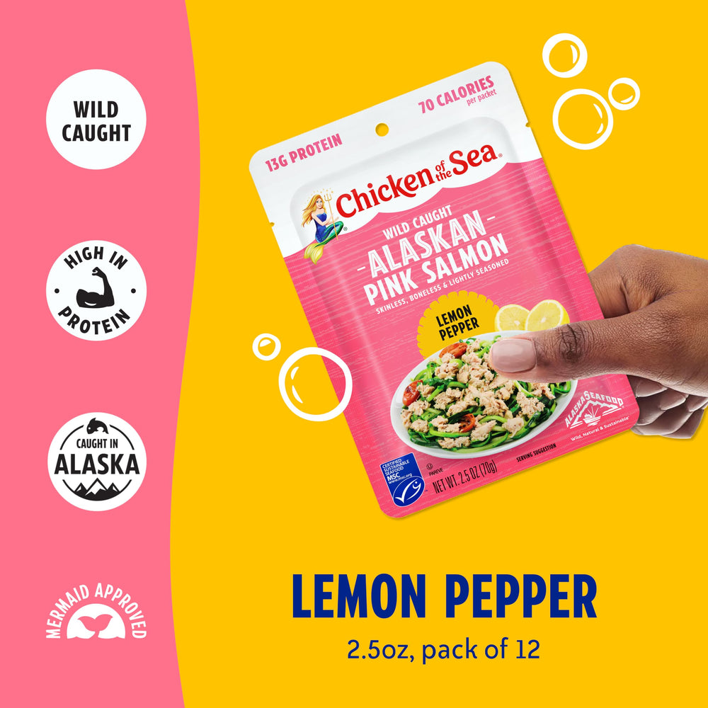 Wild caught Alaskan salmon with lemon pepper in single-serve pouches