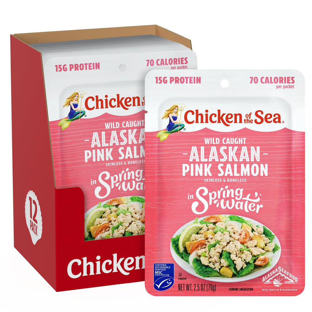 Chicken of the Sea pink salmon pouch in spring water, convenient protein source for meals.