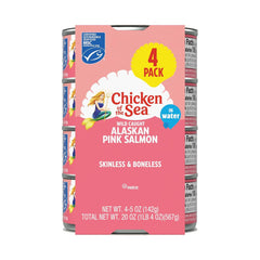 Chicken of the Sea alaskan pink salmon in water 4-pack for quick protein meals.