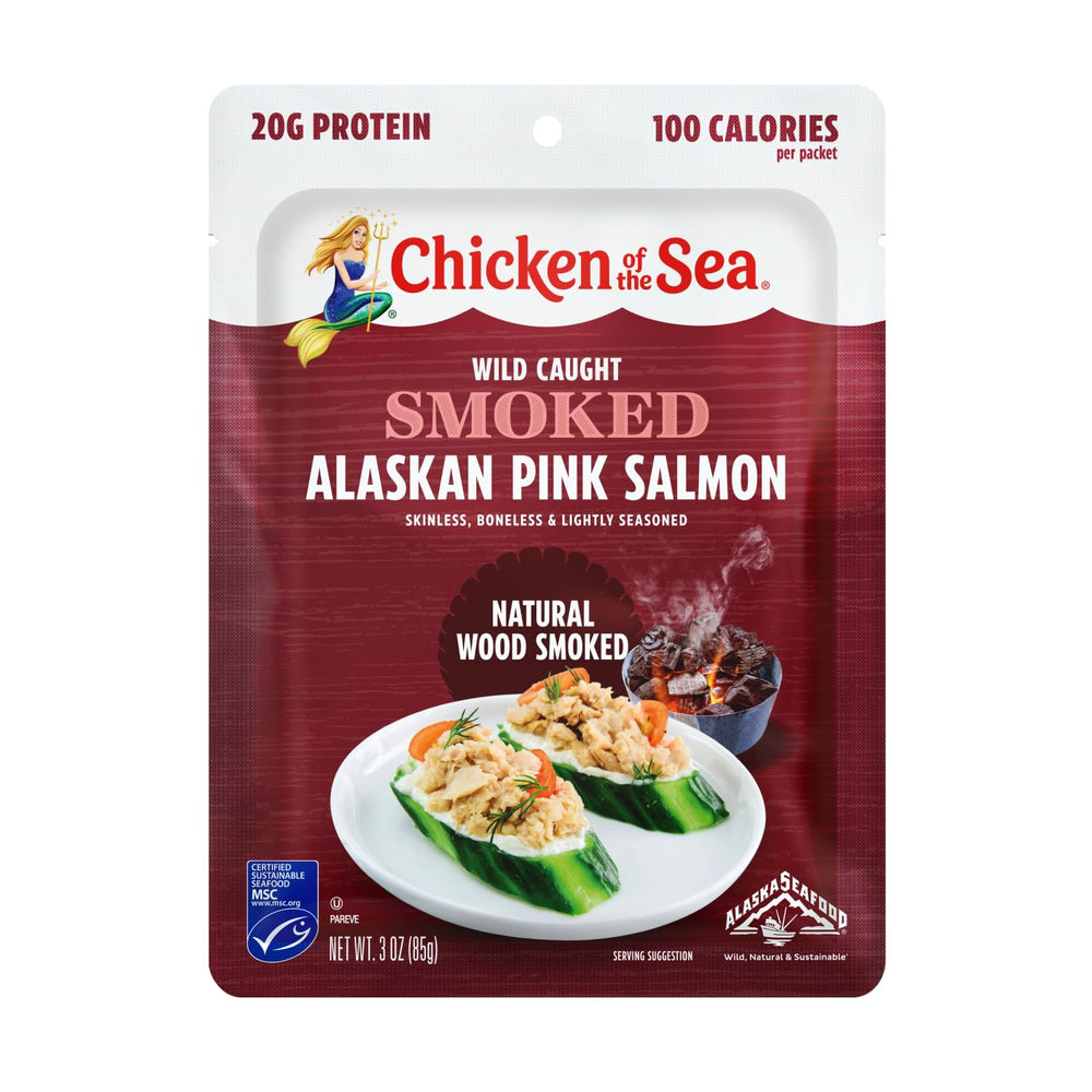 Chicken of the Sea Alaskan Smoked Salmon pack closeup shows convenient 3 oz pouch.