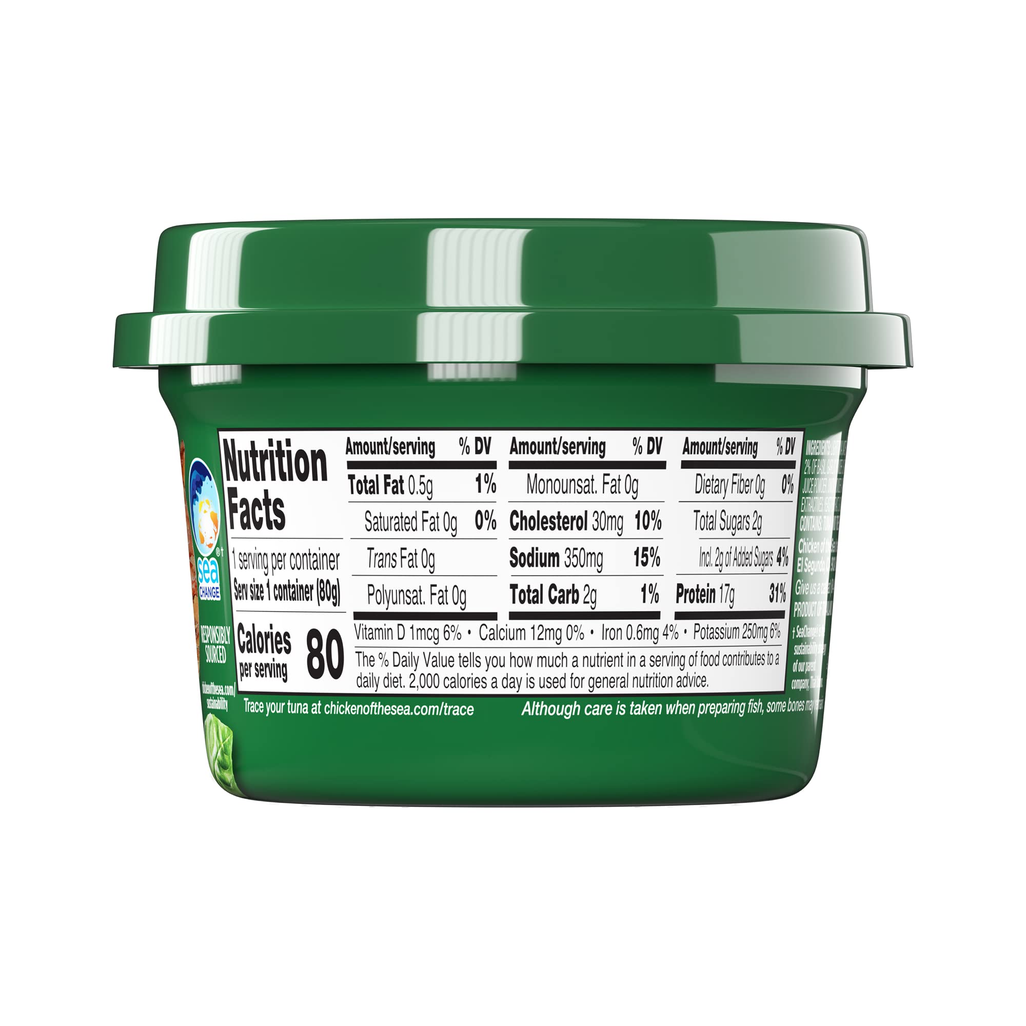Chicken of the Sea Infusions Tuna Basil Cups nutrition panel highlights protein-rich snack