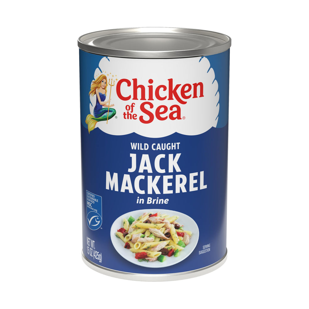 Open can of Chicken of the Sea Jack Mackerel reveals premium wild-caught fish.