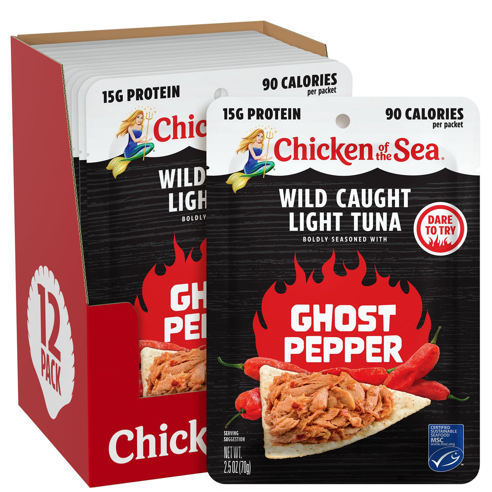 Chicken of the Sea lightly-seasoned ghost pepper tuna pouch for protein on the go.