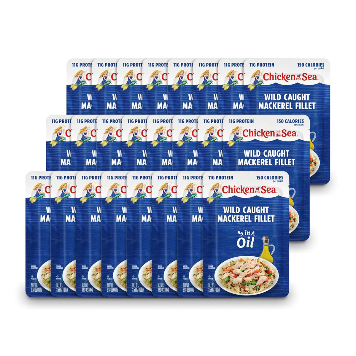 Chicken of the Sea Mackerel in Oil boxed packaging with bulk 24-pack.