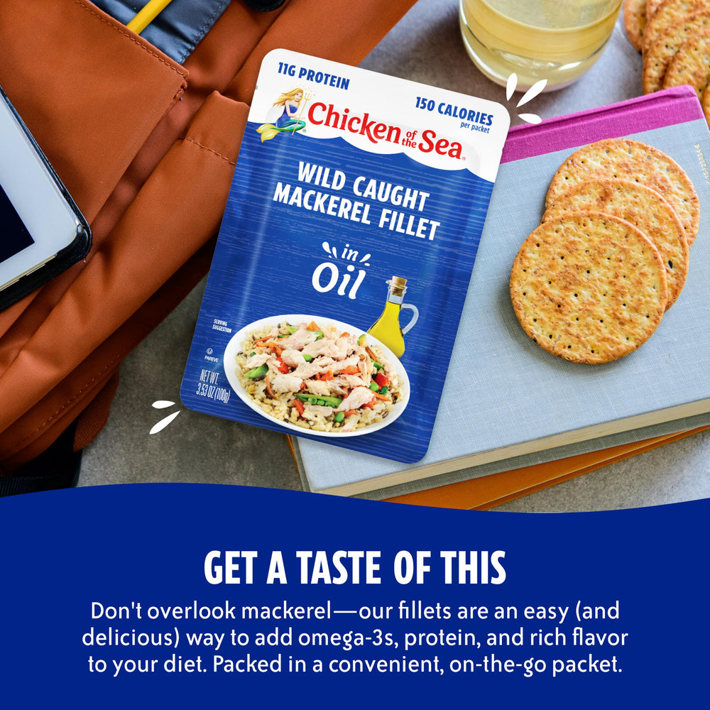 Chicken of the Sea Mackerel in Oil lunchbox-ready packets for portable lunches.