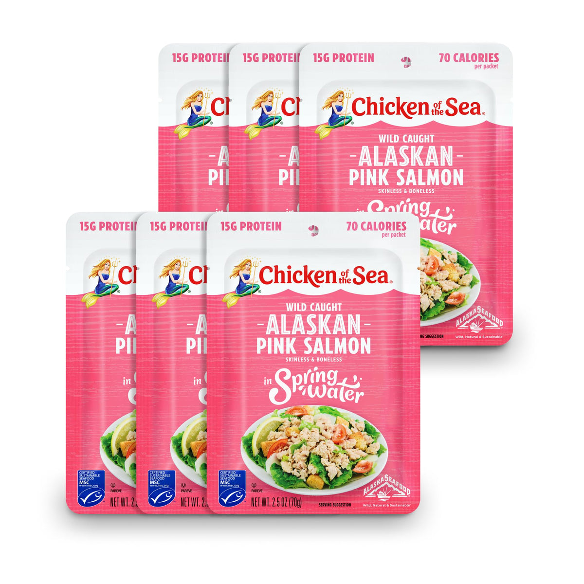 Chicken of the Sea pink salmon in water packaging, convenient ready-to-eat protein.