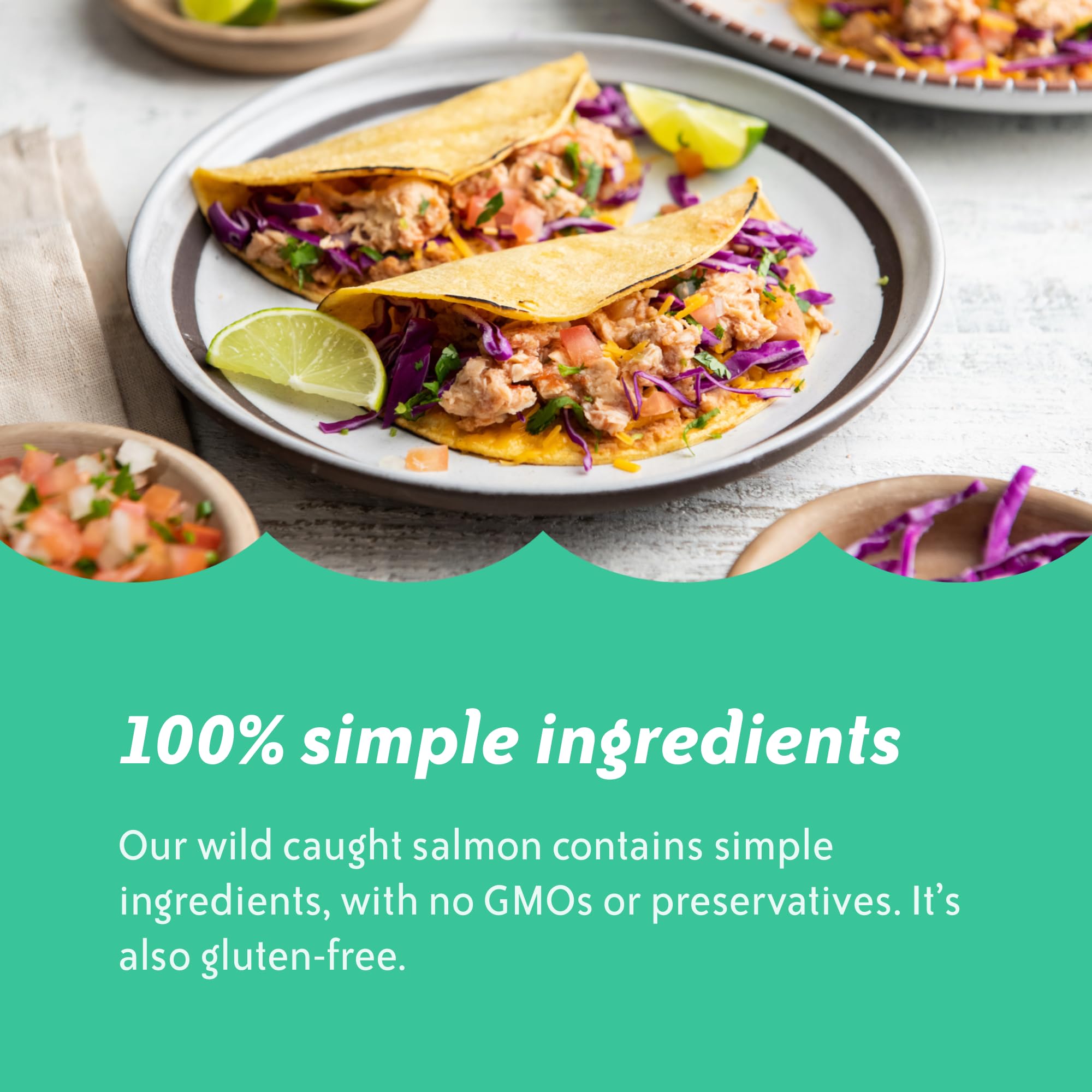 Simple ingredients with no preservatives, gluten-free salmon option.