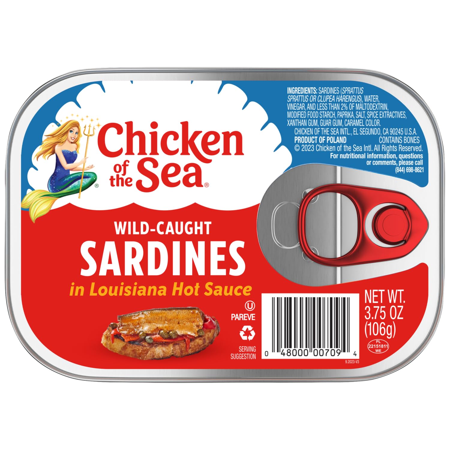 Chicken of the Sea sardines nutrition label highlights protein and omega-3.