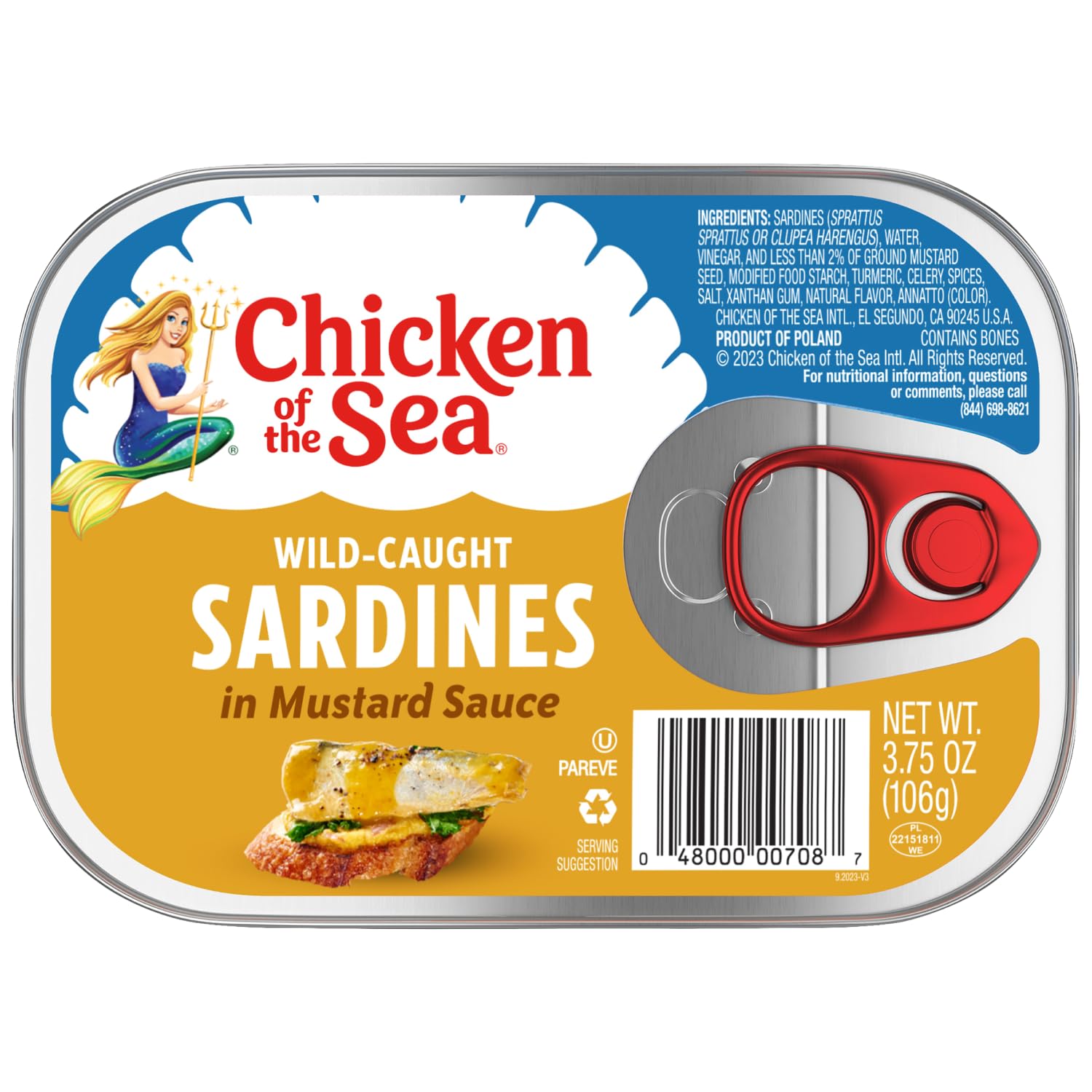 Chicken of the Sea water-packed sardines with MSC-certified sourcing highlighted.