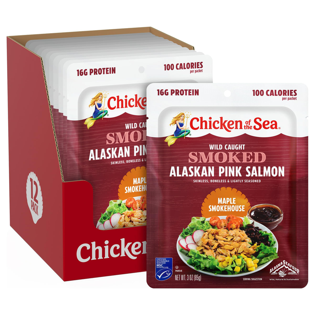 Chicken of the Sea Smoked Alaskan Pink Salmon Maple Smokehouse pack open, convenient ready-to-eat meal.