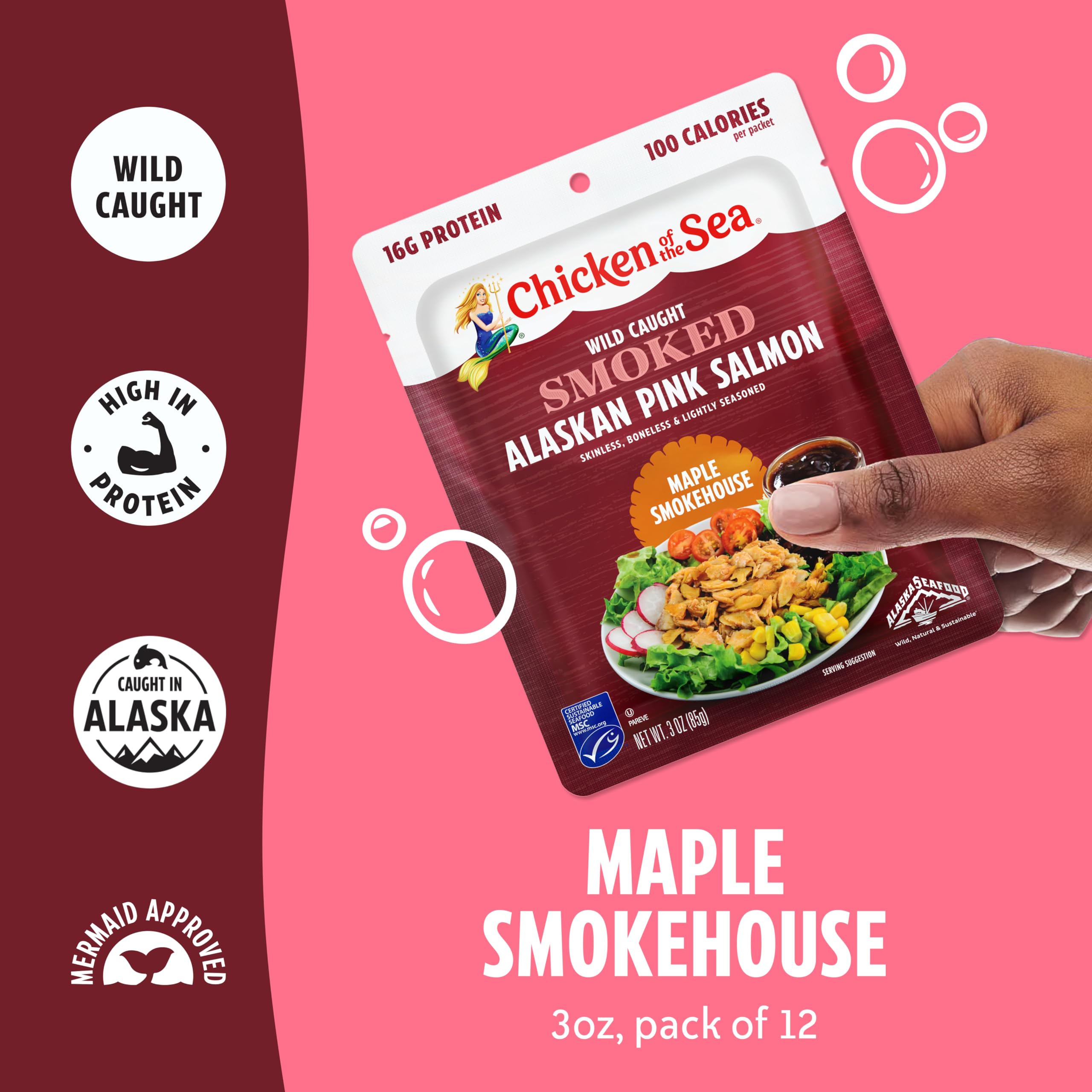 Chicken of the Sea Smoked Alaskan Pink Salmon Maple Smokehouse on a fresh salad bowl.