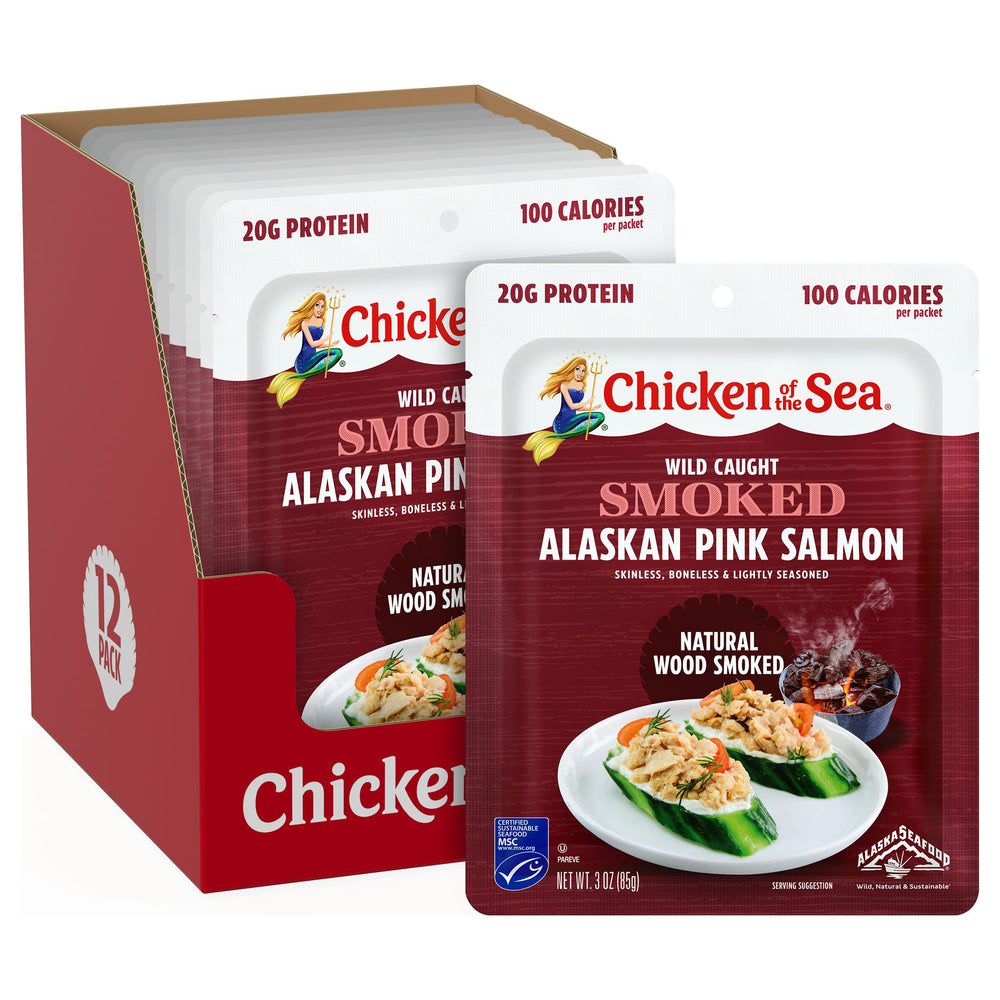 Chicken of the Sea smoked Alaskan pink salmon pack, ready to eat with smoky aroma.